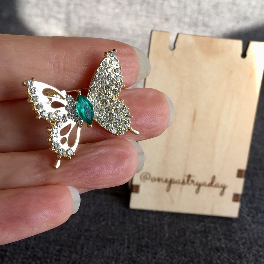 Butterfly Emerald + Rhinestone Fashion Brooch, Pin, Festive, Sparkly